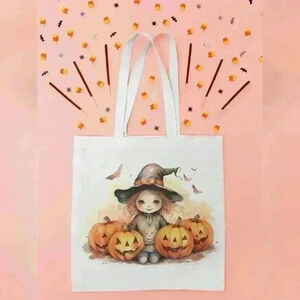 Little Witch Girl in Hat Halloween Canvas Tote Bag